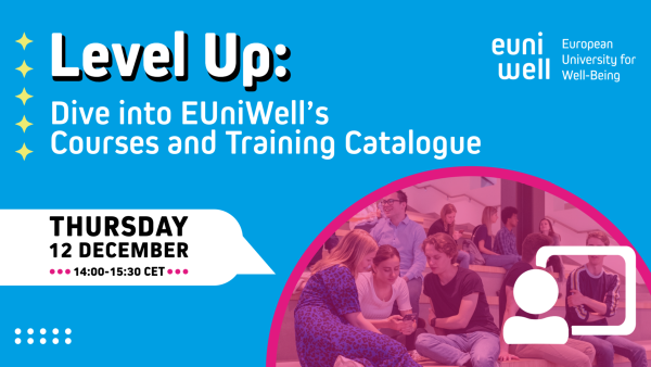 Une invitation bleue présente le texte « Level Up : dive into EuniWell's Courses and Training catalogue » en lettres blanches. Une bulle blanche décrit les détails de l’événement : « Jeudi 12 décembre, 14h00-15h30 CET ».